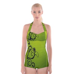 Illustration Wallpaper Barbusak Leaf Green Boyleg Halter Swimsuit  by Mariart