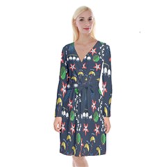 Origami Flower Floral Star Leaf Long Sleeve Velvet Front Wrap Dress by Mariart