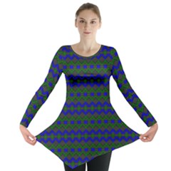 Split Diamond Blue Green Woven Fabric Long Sleeve Tunic  by Mariart