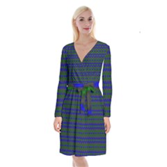 Split Diamond Blue Green Woven Fabric Long Sleeve Velvet Front Wrap Dress