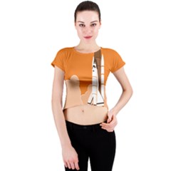 Rocket Space Ship Orange Crew Neck Crop Top by Mariart