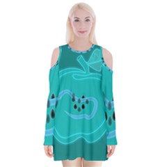 Xray Worms Fruit Apples Blue Velvet Long Sleeve Shoulder Cutout Dress by Mariart