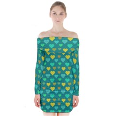 Hearts Seamless Pattern Background Long Sleeve Off Shoulder Dress by Nexatart