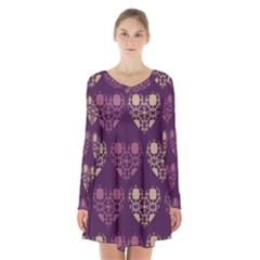 Purple Hearts Seamless Pattern Long Sleeve Velvet V-neck Dress by Nexatart