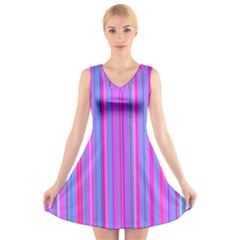 Blue And Pink Stripes V-Neck Sleeveless Skater Dress