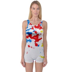 Paint Splatter Digitally Created Blue Red And Yellow Splattering Of Paint On A White Background One Piece Boyleg Swimsuit by Nexatart