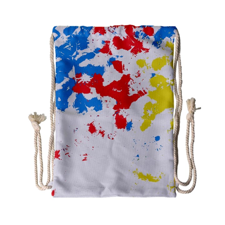 Paint Splatter Digitally Created Blue Red And Yellow Splattering Of Paint On A White Background Drawstring Bag (Small)