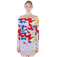 Paint Splatter Digitally Created Blue Red And Yellow Splattering Of Paint On A White Background Long Sleeve Off Shoulder Dress by Nexatart