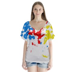 Paint Splatter Digitally Created Blue Red And Yellow Splattering Of Paint On A White Background Flutter Sleeve Top by Nexatart