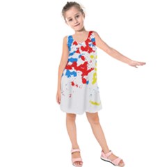 Paint Splatter Digitally Created Blue Red And Yellow Splattering Of Paint On A White Background Kids  Sleeveless Dress by Nexatart