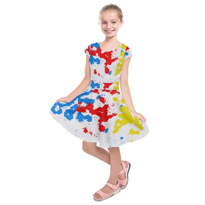 Paint Splatter Digitally Created Blue Red And Yellow Splattering Of Paint On A White Background Kids  Short Sleeve Dress