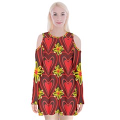 Digitally Created Seamless Love Heart Pattern Velvet Long Sleeve Shoulder Cutout Dress by Nexatart