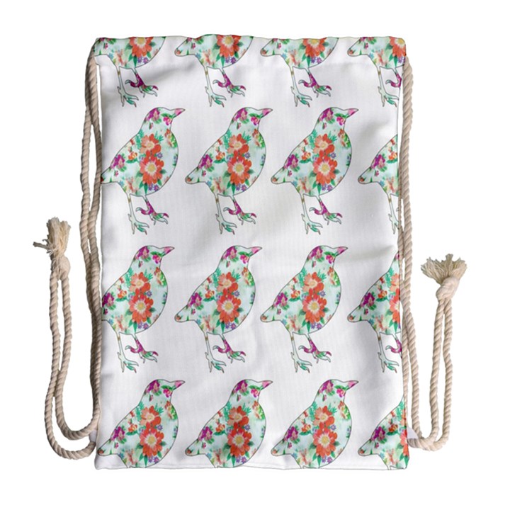 Floral Birds Wallpaper Pattern On White Background Drawstring Bag (Large)