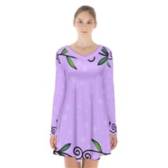 Hand Drawn Doodle Flower Border Long Sleeve Velvet V-neck Dress