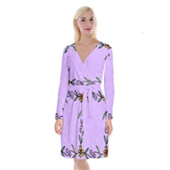 Hand Drawn Doodle Flower Border Long Sleeve Velvet Front Wrap Dress