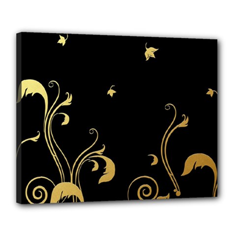 Golden Flowers And Leaves On A Black Background Canvas 20  X 16  by Nexatart