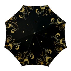 Golden Flowers And Leaves On A Black Background Golf Umbrellas by Nexatart