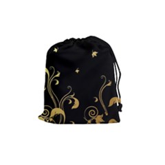 Golden Flowers And Leaves On A Black Background Drawstring Pouches (medium)  by Nexatart