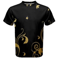 Golden Flowers And Leaves On A Black Background Men s Cotton Tee by Nexatart