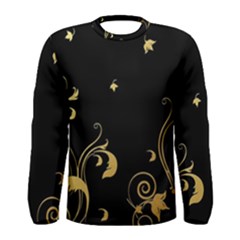 Golden Flowers And Leaves On A Black Background Men s Long Sleeve Tee by Nexatart