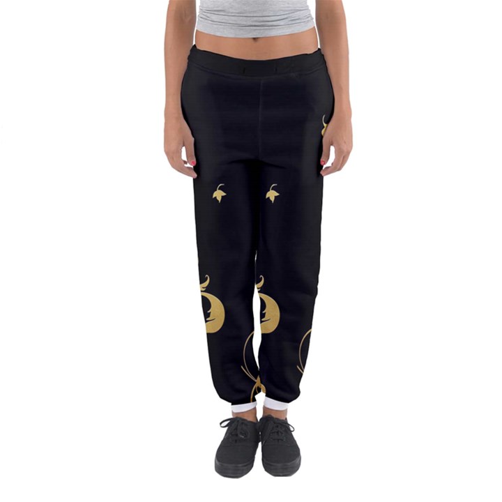 Golden Flowers And Leaves On A Black Background Women s Jogger Sweatpants