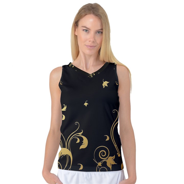 Golden Flowers And Leaves On A Black Background Women s Basketball Tank Top