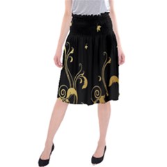 Golden Flowers And Leaves On A Black Background Midi Beach Skirt by Nexatart