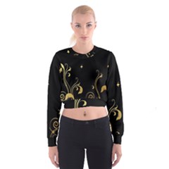 Golden Flowers And Leaves On A Black Background Cropped Sweatshirt by Nexatart