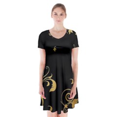 Golden Flowers And Leaves On A Black Background Short Sleeve V-neck Flare Dress