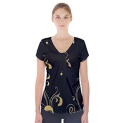 Golden Flowers And Leaves On A Black Background Short Sleeve Front Detail Top by Nexatart