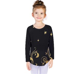 Golden Flowers And Leaves On A Black Background Kids  Long Sleeve Tee