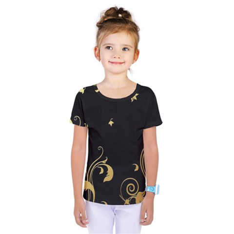 Golden Flowers And Leaves On A Black Background Kids  One Piece Tee by Nexatart