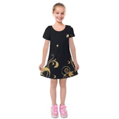 Golden Flowers And Leaves On A Black Background Kids  Short Sleeve Velvet Dress