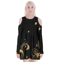 Golden Flowers And Leaves On A Black Background Velvet Long Sleeve Shoulder Cutout Dress by Nexatart