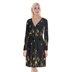 Golden Flowers And Leaves On A Black Background Long Sleeve Velvet Front Wrap Dress by Nexatart