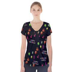 Cartoon Birthday Tilable Design Short Sleeve Front Detail Top by Nexatart