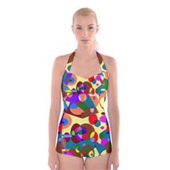 Abstract Digital Circle Computer Graphic Boyleg Halter Swimsuit 