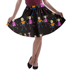 Kids Tile A Fun Cartoon Happy Kids Tiling Pattern A-line Skater Skirt by Nexatart