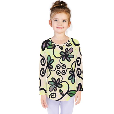 Completely Seamless Tileable Doodle Flower Art Kids  Long Sleeve Tee by Nexatart