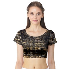 Wood Texture Dark Background Pattern Short Sleeve Crop Top (tight Fit) by Nexatart