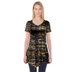 Wood Texture Dark Background Pattern Short Sleeve Tunic  by Nexatart