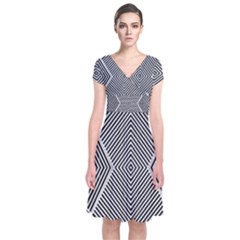 Black And White Line Abstract Short Sleeve Front Wrap Dress by Nexatart