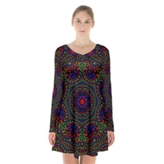 Rainbow Kaleidoscope Long Sleeve Velvet V-neck Dress