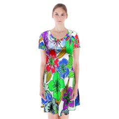 Background Of Hand Drawn Flowers With Green Hues Short Sleeve V-neck Flare Dress by Nexatart