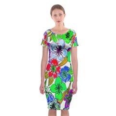 Background Of Hand Drawn Flowers With Green Hues Classic Short Sleeve Midi Dress