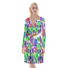 Background Of Hand Drawn Flowers With Green Hues Long Sleeve Velvet Front Wrap Dress by Nexatart