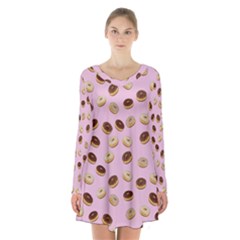 Donuts Pattern Long Sleeve Velvet V-neck Dress