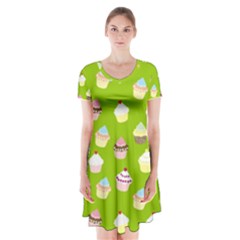 Cupcakes Pattern Short Sleeve V-neck Flare Dress