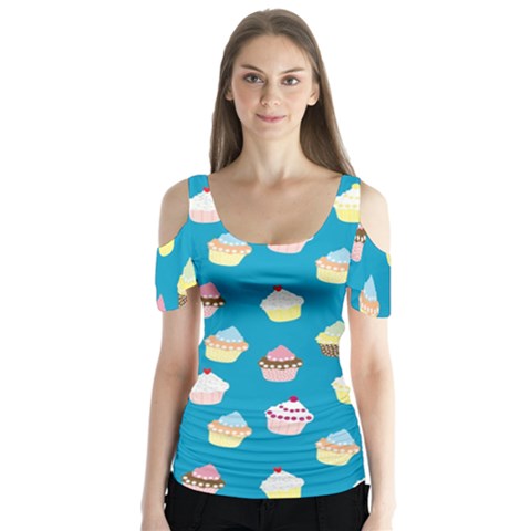 Cupcakes Pattern Butterfly Sleeve Cutout Tee  by Valentinaart