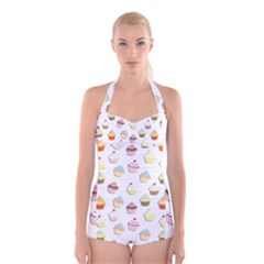 Cupcakes Pattern Boyleg Halter Swimsuit  by Valentinaart